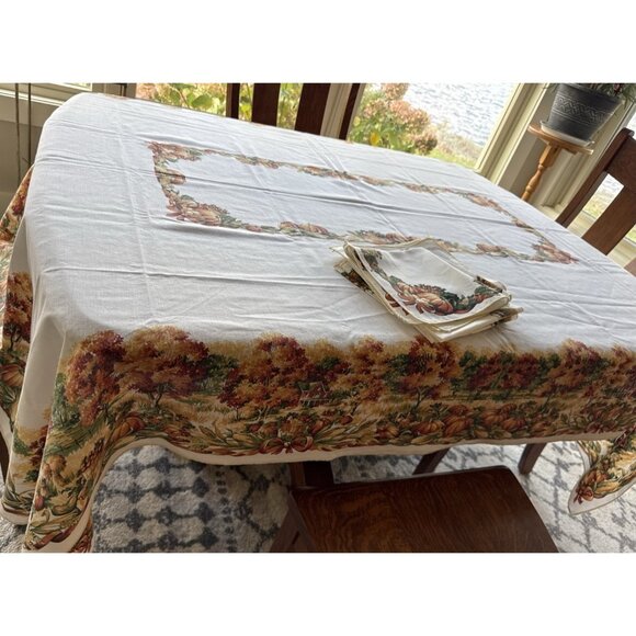 Autumn Fall Thanksgiving Cloth Tablecloth & 8 Napkins 59X84 Autumn Theme Vtg - Picture 8 of 8